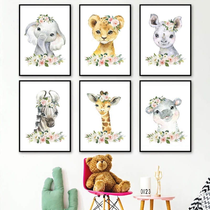Baby Nursery Jungle Animals - لوحات قماشية مطبوعة بتصميم حيوانات الغابة