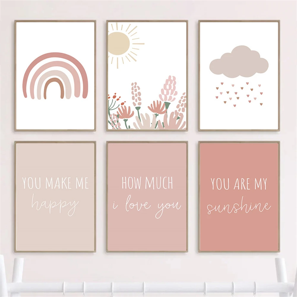 Baby Nursery Pink - لوحة قماشية لسحابة قوس قزح وأشعة