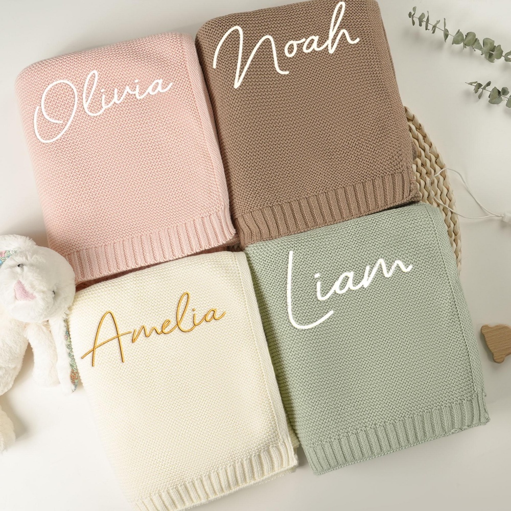 Baby Nursery Keepsake - بطانية أطفال محبوكة مطرزة باسم مخصص،