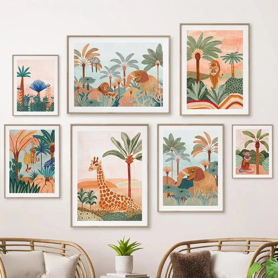 Baby Nursery Jungle Animals - لوحة قماشية بوهو لحيوانات الغابة: نمر،